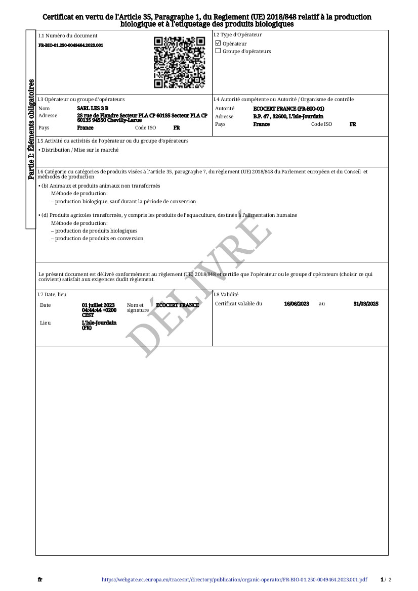 Certificat Ecocert 2024